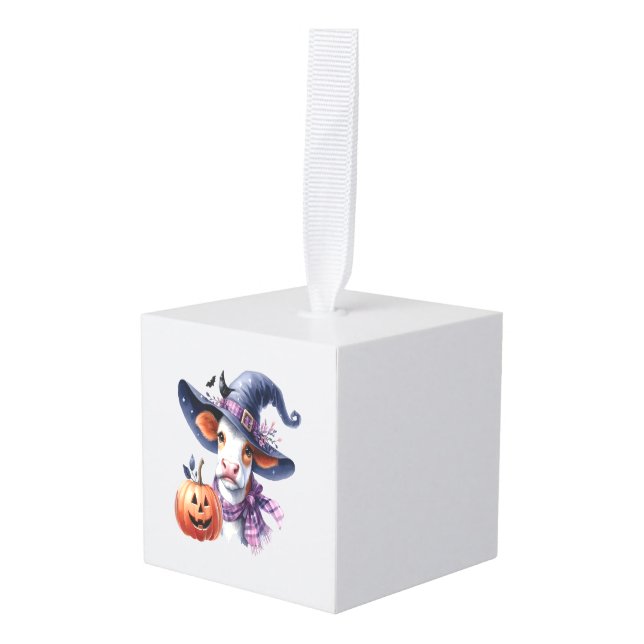 Halloween Cow with Fall Cube Ornament (Front Angled)