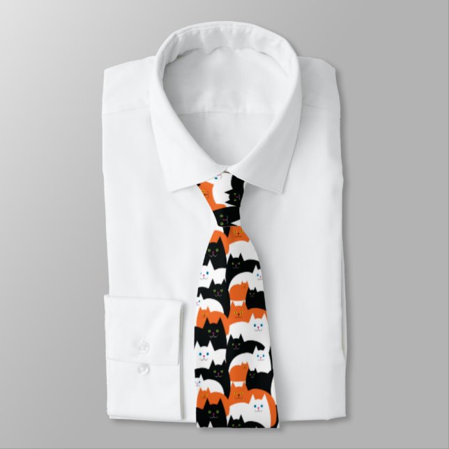 Halloween Crazy Cat Guy Orange and Black Cats Neck Tie (Tied)