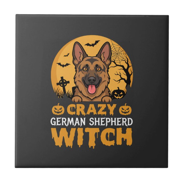 Halloween Crazy German Shepherd Witch Design Ceramic Tile (Front)
