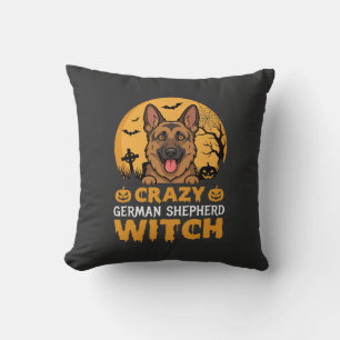 Halloween Crazy German Shepherd Witch Design Throw Pillow