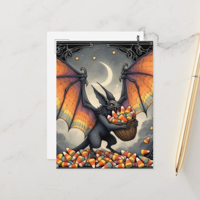 Halloween Creature With Candy Postcard (Front/Back In Situ)