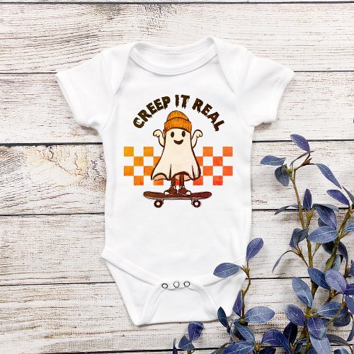 Halloween Creep It Real Cute Baby Ghost Skateboard Baby Bodysuit