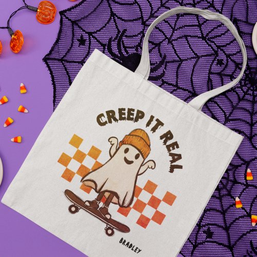 Halloween Creep It Real Cute Ghost Skateboard Name Tote Bag