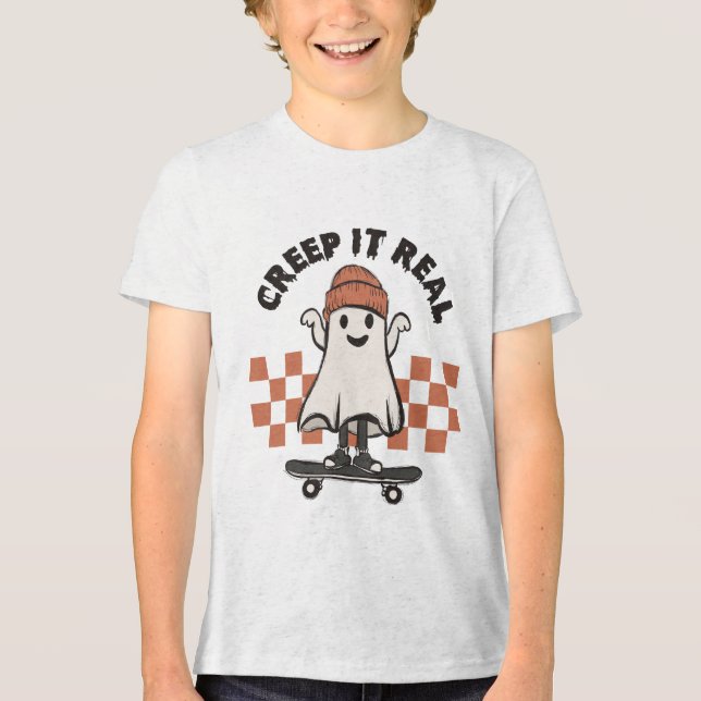 Halloween Creep It Real Cute Ghost Skateboard Tri-Blend Shirt (Front)