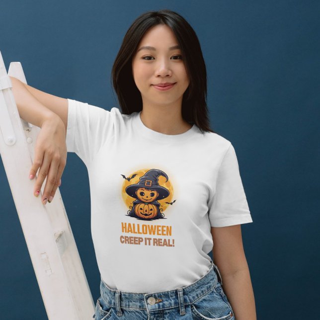 Halloween Creep It Real Pumpkin & Witch Womens T-Shirt (Creep It Real this Halloween with this fun women's tee!)