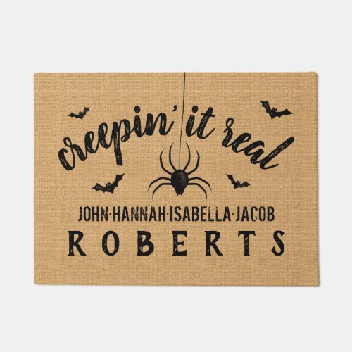 Halloween Creepin it Real Custom Rustic Burlap Doormat