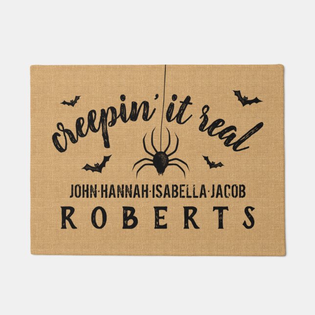Halloween Creepin it Real Custom Rustic Burlap Doormat (Front)
