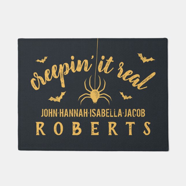 Halloween Creepin it Real Custom Rustic Spider Bat Doormat (Front)