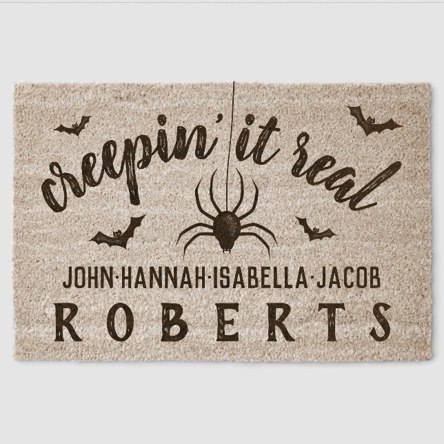 Halloween Creepin it Real Spider Custom Name Fiber Doormat (Front)