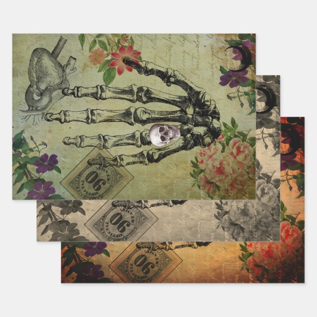 Halloween Creepy Anatomy and Pink Flowers Ephemera Wrapping Paper Sheets (Set)