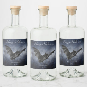 Halloween Creepy Bat Flying Personalized Dark Navy Liquor Bottle Label