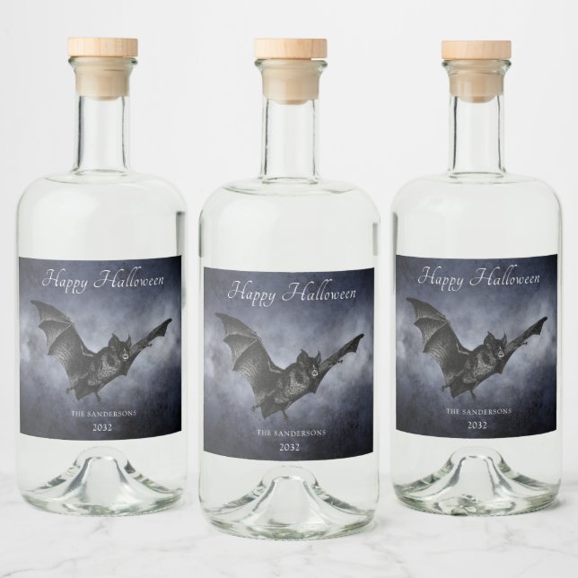 Halloween Creepy Bat Flying Personalized Dark Navy Liquor Bottle Label (Bottles)