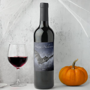 Halloween Creepy Bat Flying Personalized Dark Navy Wine Label