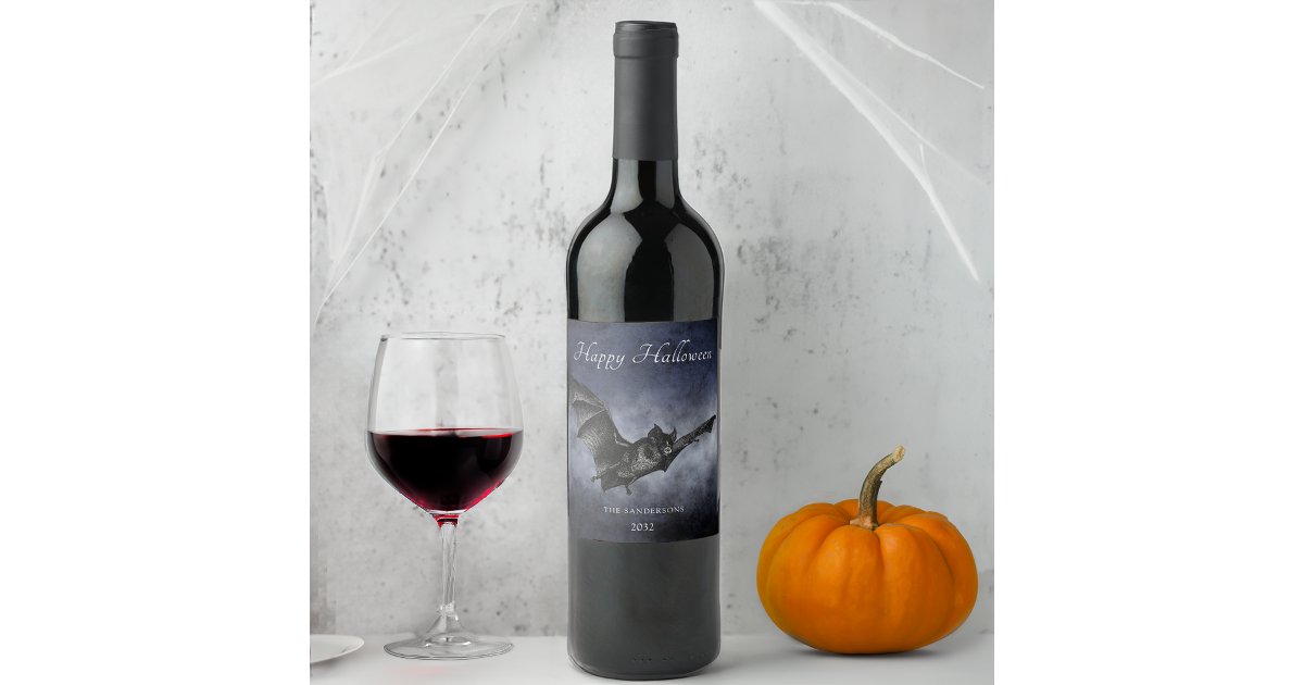 Halloween Creepy Bat Flying Personalized Dark Navy Wine Label | Zazzle