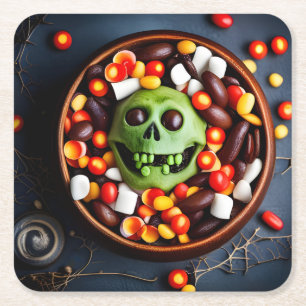 Halloween Creepy Candy Bowl Square Paper Coaster