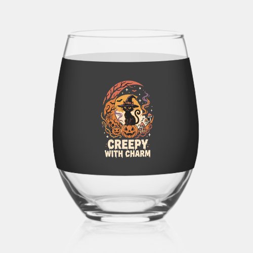 Halloween Creepy Charm Cat Stemless Wine Glass