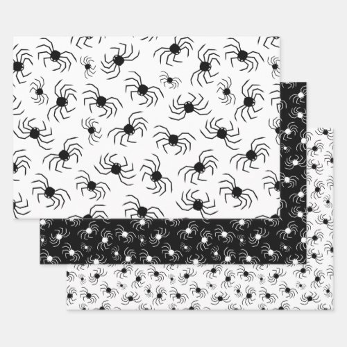 Halloween Creepy Crawly Black Spiders White BG Wrapping Paper Sheets