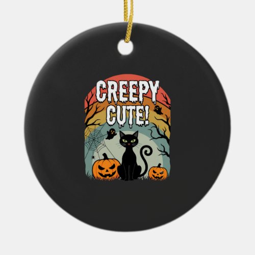 Halloween Creepy Cute Black Cat Pumpkin Design Ceramic Ornament
