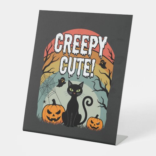 Halloween Creepy Cute Black Cat Pumpkin Design Pedestal Sign