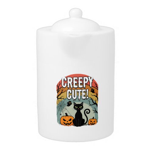 Halloween Creepy Cute Black Cat Pumpkin Design Teapot