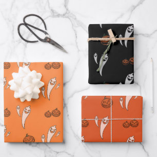 Halloween Creepy Ghosts Pumpkins Orange & Black 3 Wrapping Paper Sheets