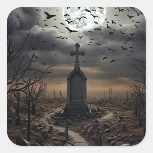 Halloween Creepy Graveyard Cemetery Gothic Square Sticker