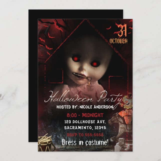 Halloween Creepy Haunted Doll Party Invitation (Front/Back)