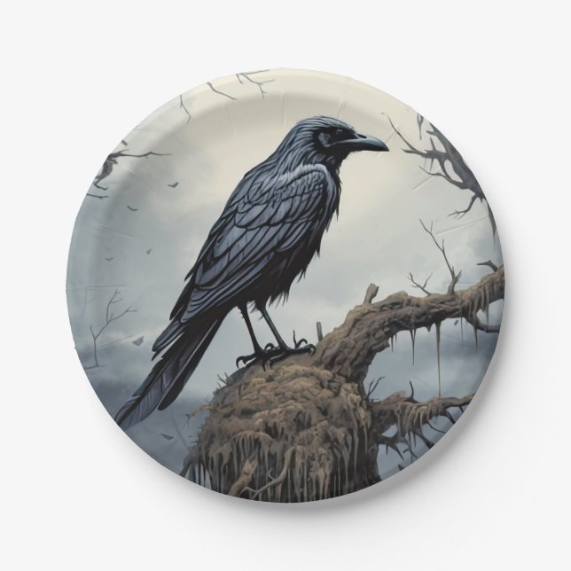 Halloween Creepy Raven Graveyard Cemetery Gothic Paper Plates (Front)