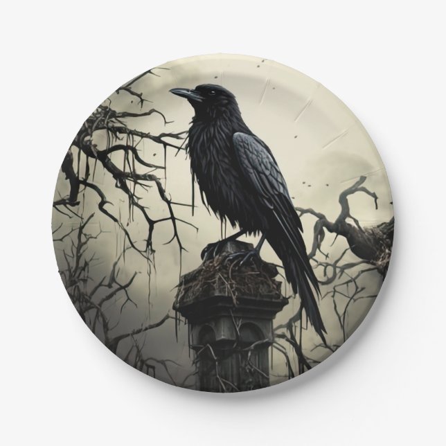 Halloween Creepy Raven Graveyard Cemetery Gothic Paper Plates (Front)