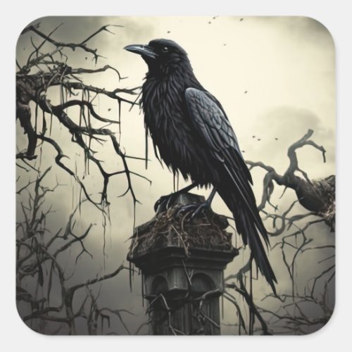 Halloween Creepy Raven Graveyard Cemetery Gothic Square Sticker
