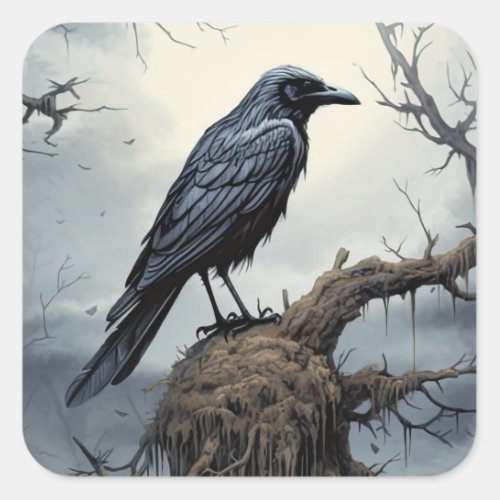 Halloween Creepy Raven Graveyard Cemetery Gothic Square Sticker