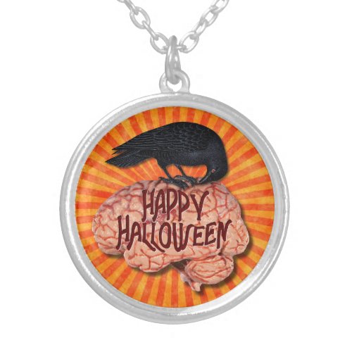 Halloween _ Creepy Raven on Brain Silver Plated Necklace