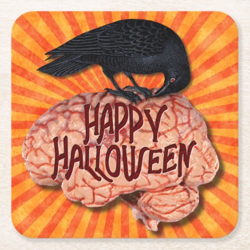 Halloween Creepy Raven on Brain Square Paper Coaster