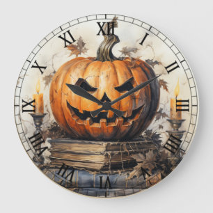 Halloween Creepy Spooky Orange Pumpkin Large Clock