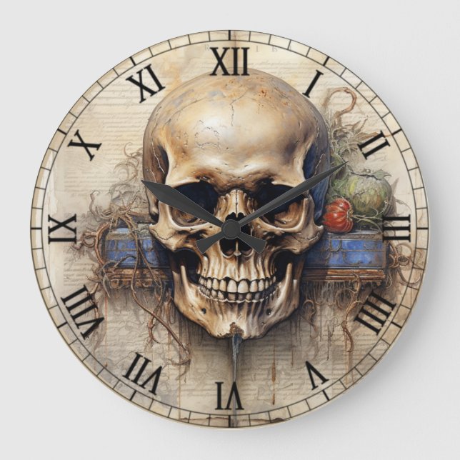 Halloween Creepy Spooky Vintage Skull Large Clock (Front)