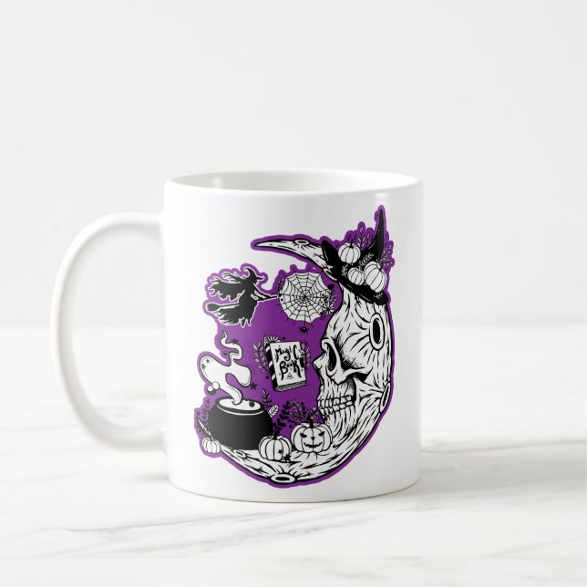 Halloween Crescent Moon Witch Skull Coffee Mug (Left)