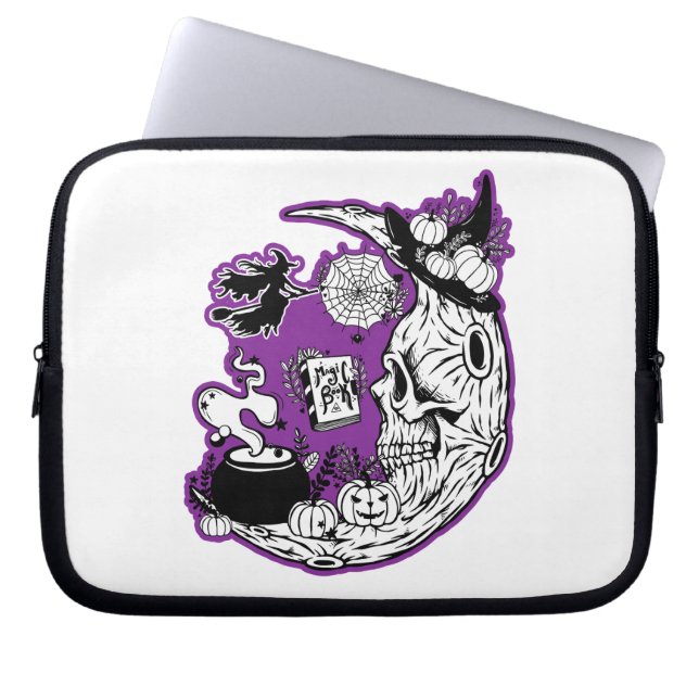 Halloween Crescent Moon Witch Skull Laptop Sleeve (Front)