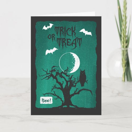 Halloween Crooked Tree Owl Moon Bats Poem Card