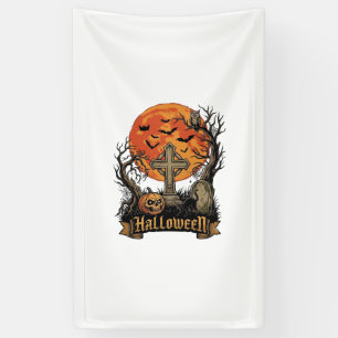 Halloween Cross Gravestone Skull Pumpkin Black Cat Banner