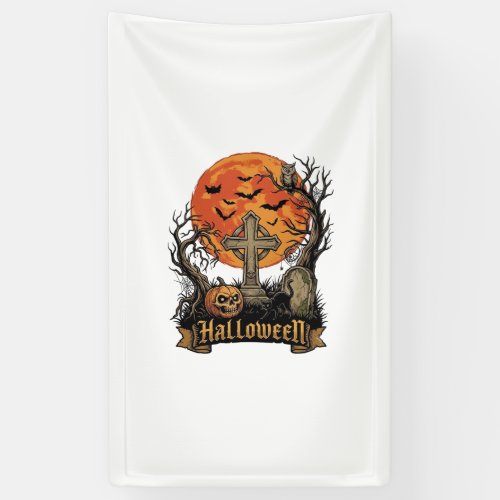 Halloween Cross Gravestone Skull Pumpkin Black Cat Banner
