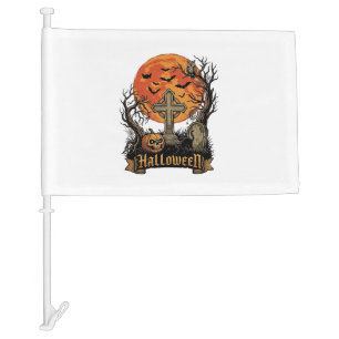Halloween Cross Gravestone Skull Pumpkin Black Cat Car Flag