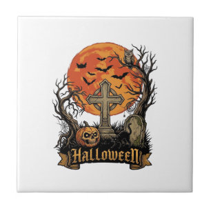 Halloween Cross Gravestone Skull Pumpkin Black Cat Ceramic Tile