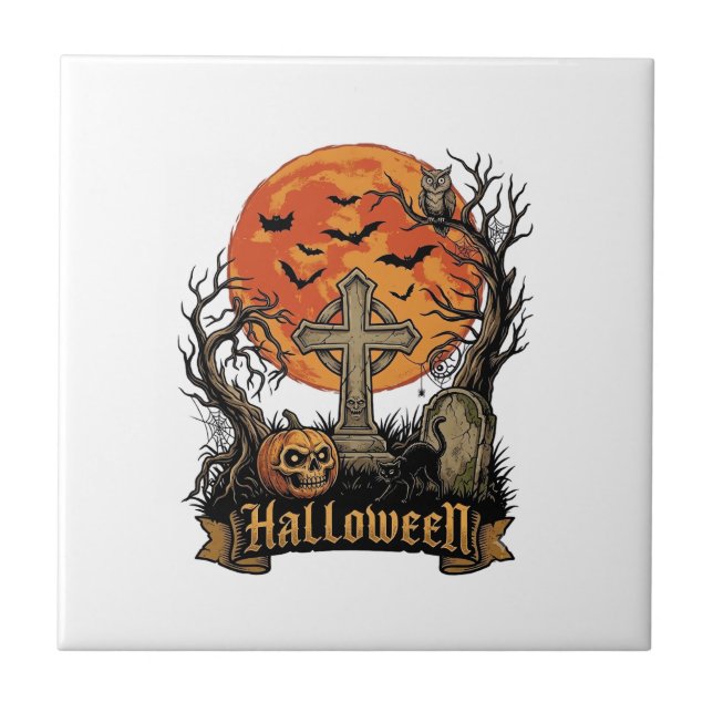Halloween Cross Gravestone Skull Pumpkin Black Cat Ceramic Tile (Front)
