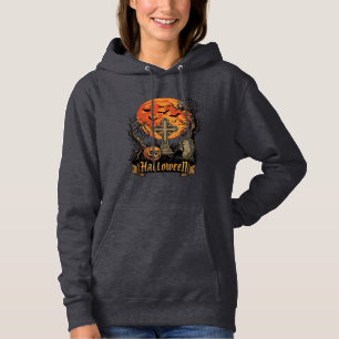 Halloween Cross Gravestone Skull Pumpkin Black Cat Hoodie
