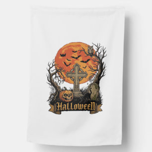 Halloween Cross Gravestone Skull Pumpkin Black Cat House Flag