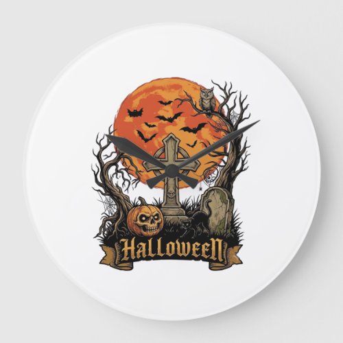 Halloween Cross Gravestone Skull Pumpkin Black Cat Large Clock