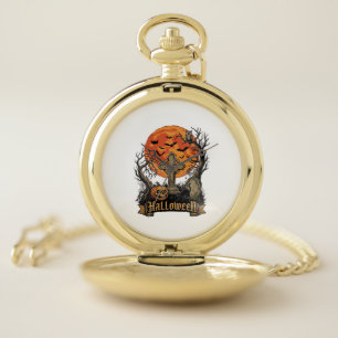 Halloween Cross Gravestone Skull Pumpkin Black Cat Pocket Watch