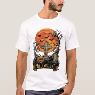 Halloween Cross Gravestone Skull Pumpkin Black Cat T-Shirt