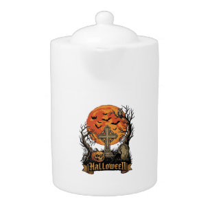 Halloween Cross Gravestone Skull Pumpkin Black Cat Teapot