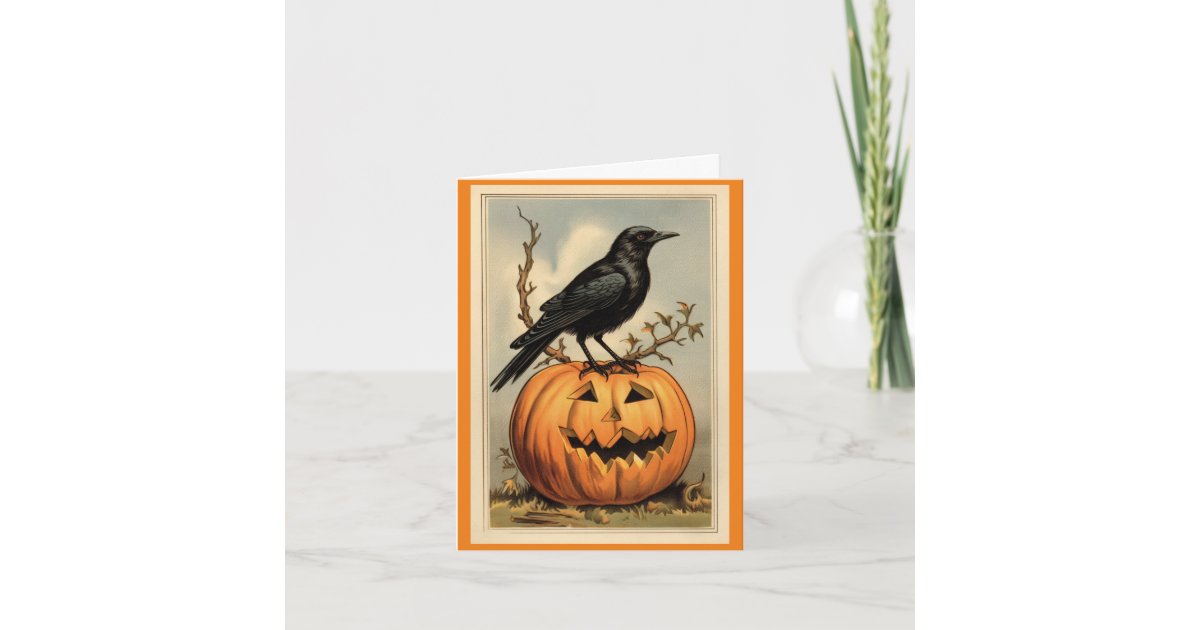 Halloween Crow And Pumpkin Greeting Card | Zazzle